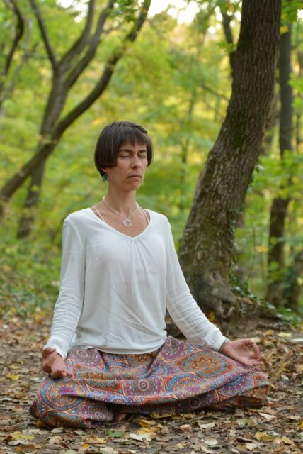 Imagen de una mujer meditando en pose de loto en un bosque