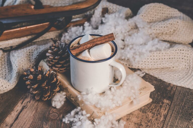 Imagen de una taza de chocolate con nubes y canela en rama, piñas y decoración navideña